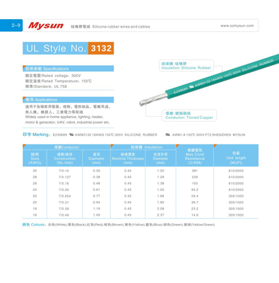 300V/150C Silicone Rubber Insulated Wire Cables UL758 AWM3132 18AWG FT2