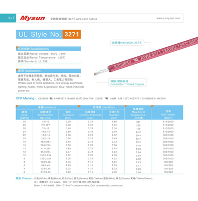 UL 3271 XLPE Hook Up Wire 600V/125C 18awg Ul758 Red Light Industrial Power Heater