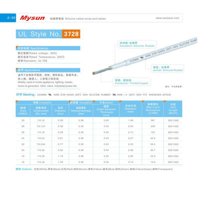 UL3728 Silicone Rubber Wires 300v 200C 16AWG FT2  Black Home Appliance Lighting