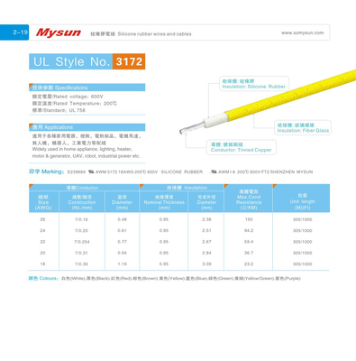 600V/200C Silicone Rubber Cables Insulated Wire UL758 AWM3172 18AWG FT2