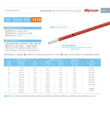 AWM1570 20AWG PTFE FEP Insulated Wire UL758 600V/250C For Motor Generator Light