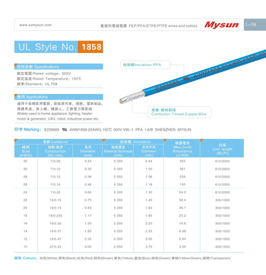 UL1858 PFA Insulated Wire Blue 300v 150c Ul758 Vw-1 Awm1858